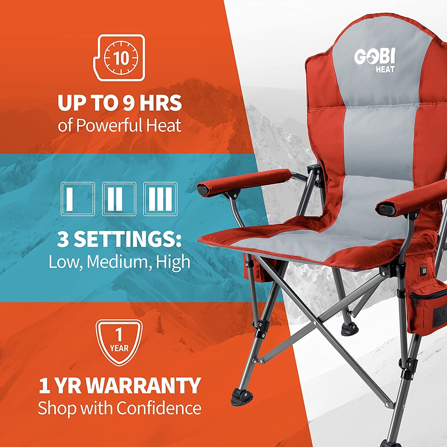 - Terrain Portable Heated Camping Chair - Outdoor Folding Chair with Heated Filling - Winter Camping Essential - 3 Heat Settings (Flare)